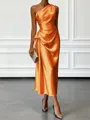 Opulent Sheath One-Shoulder Pleated Tea-Length Silk Like Satin Corset Bridesmaid Dress