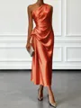 Opulent Sheath One-Shoulder Pleated Tea-Length Silk Like Satin Corset Bridesmaid Dress