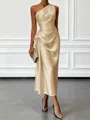 Opulent Sheath One-Shoulder Pleated Tea-Length Silk Like Satin Corset Bridesmaid Dress