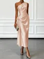 Opulent Sheath One-Shoulder Pleated Tea-Length Silk Like Satin Corset Bridesmaid Dress
