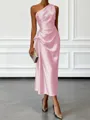 Opulent Sheath One-Shoulder Pleated Tea-Length Silk Like Satin Corset Bridesmaid Dress
