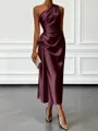 Opulent Sheath One-Shoulder Pleated Tea-Length Silk Like Satin Corset Bridesmaid Dress