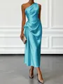 Opulent Sheath One-Shoulder Pleated Tea-Length Silk Like Satin Corset Bridesmaid Dress