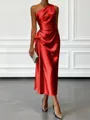 Opulent Sheath One-Shoulder Pleated Tea-Length Silk Like Satin Corset Bridesmaid Dress