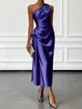 Opulent Sheath One-Shoulder Pleated Tea-Length Silk Like Satin Corset Bridesmaid Dress