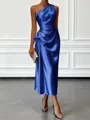 Opulent Sheath One-Shoulder Pleated Tea-Length Silk Like Satin Corset Bridesmaid Dress