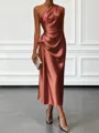 Opulent Sheath One-Shoulder Pleated Tea-Length Silk Like Satin Corset Bridesmaid Dress