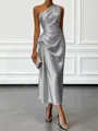 Opulent Sheath One-Shoulder Pleated Tea-Length Silk Like Satin Corset Bridesmaid Dress