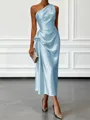 Opulent Sheath One-Shoulder Pleated Tea-Length Silk Like Satin Corset Bridesmaid Dress