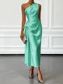Opulent Sheath One-Shoulder Pleated Tea-Length Silk Like Satin Corset Bridesmaid Dress