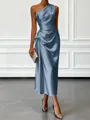 Opulent Sheath One-Shoulder Pleated Tea-Length Silk Like Satin Corset Bridesmaid Dress