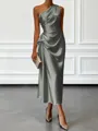 Opulent Sheath One-Shoulder Pleated Tea-Length Silk Like Satin Corset Bridesmaid Dress