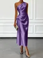 Opulent Sheath One-Shoulder Pleated Tea-Length Silk Like Satin Corset Bridesmaid Dress