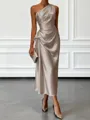 Opulent Sheath One-Shoulder Pleated Tea-Length Silk Like Satin Corset Bridesmaid Dress