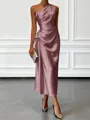 Opulent Sheath One-Shoulder Pleated Tea-Length Silk Like Satin Corset Bridesmaid Dress