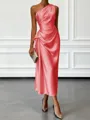 Opulent Sheath One-Shoulder Pleated Tea-Length Silk Like Satin Corset Bridesmaid Dress