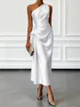 Opulent Sheath One-Shoulder Pleated Tea-Length Silk Like Satin Corset Bridesmaid Dress