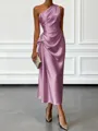 Opulent Sheath One-Shoulder Pleated Tea-Length Silk Like Satin Corset Bridesmaid Dress