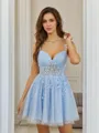 A-line Fashion Spaghetti Straps Tulle Corset Short/Mini Dress With Appliques Lace