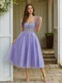 Exquisite A-line Sweetheart Short Sleeves Lace Corset Tea-Length Dress With Appliques Lace