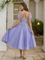 Exquisite A-line Sweetheart Short Sleeves Lace Corset Tea-Length Dress With Appliques Lace