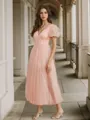 A-line Classic V-neck Short Sleeves Tulle Tea-Length Dress With Slit