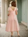 A-line Classic V-neck Short Sleeves Tulle Tea-Length Dress With Slit