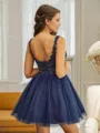 Feminine A-line V-neck Tulle Short/Mini Dress With Appliques Lace
