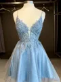 Dreamy A-line V-Neck Appliques Lace Short/Mini Satin Dress