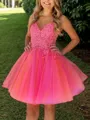 Hermosos V-Neck A-line Appliques Lace Short/Mini Tulle Dress
