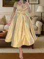 Stunning A-line V-Neck Pleated Tea-Length Silk Like Satin Corset Dress