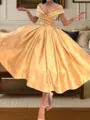 Stunning A-line V-Neck Pleated Tea-Length Silk Like Satin Corset Dress