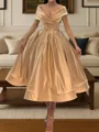 Stunning A-line V-Neck Pleated Tea-Length Silk Like Satin Corset Dress