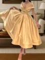 Stunning A-line V-Neck Pleated Tea-Length Silk Like Satin Corset Dress