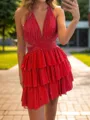 Unforgettable A-line V-Neck Cascading Ruffles Short/Mini Stretch Crepe Dress