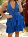 Unforgettable A-line V-Neck Cascading Ruffles Short/Mini Stretch Crepe Dress