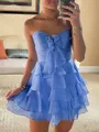 Glam A-line Sweetheart Cascading Ruffles Short/Mini Chiffon Corset Dress