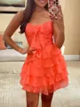 Glam A-line Sweetheart Cascading Ruffles Short/Mini Chiffon Corset Dress