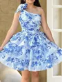 Delicate A-line One-Shoulder Cascading Ruffles Short/Mini Corset Dress