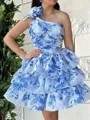Delicate A-line One-Shoulder Cascading Ruffles Short/Mini Corset Dress