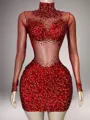 Stunning Sheath High Neck Long Sleeves Rhinestone Short/Mini Velvet Sequins Dress