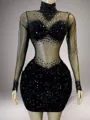 Stunning Sheath High Neck Long Sleeves Rhinestone Short/Mini Velvet Sequins Dress