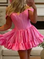 Stunning A-line Off-the-Shoulder Ruffles Short/Mini Taffeta Corset Dress