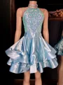 Elegant A-line Halter Cascading Ruffles Short/Mini Silk Like Satin Dress
