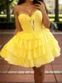 Perfect A-line Sweetheart Cascading Ruffles Short/Mini Chiffon Corset Dress