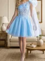 Glam A-line One-Shoulder Appliques Lace Short/Mini Tulle Corset Dress