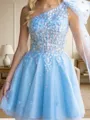 Glam A-line One-Shoulder Appliques Lace Short/Mini Tulle Corset Dress