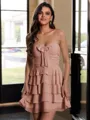 Glam A-Line Sweetheart Cascading Ruffles Short/Mini Chiffon Corset Dress