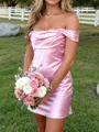 Glam Sheath Off-the-Shoulder Pleated Short/Mini Silk Like Satin Dress
