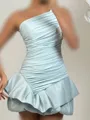 Glamorous A-line One-Shoulder Pleated Short/Mini Satin Corset Homecoming Dress